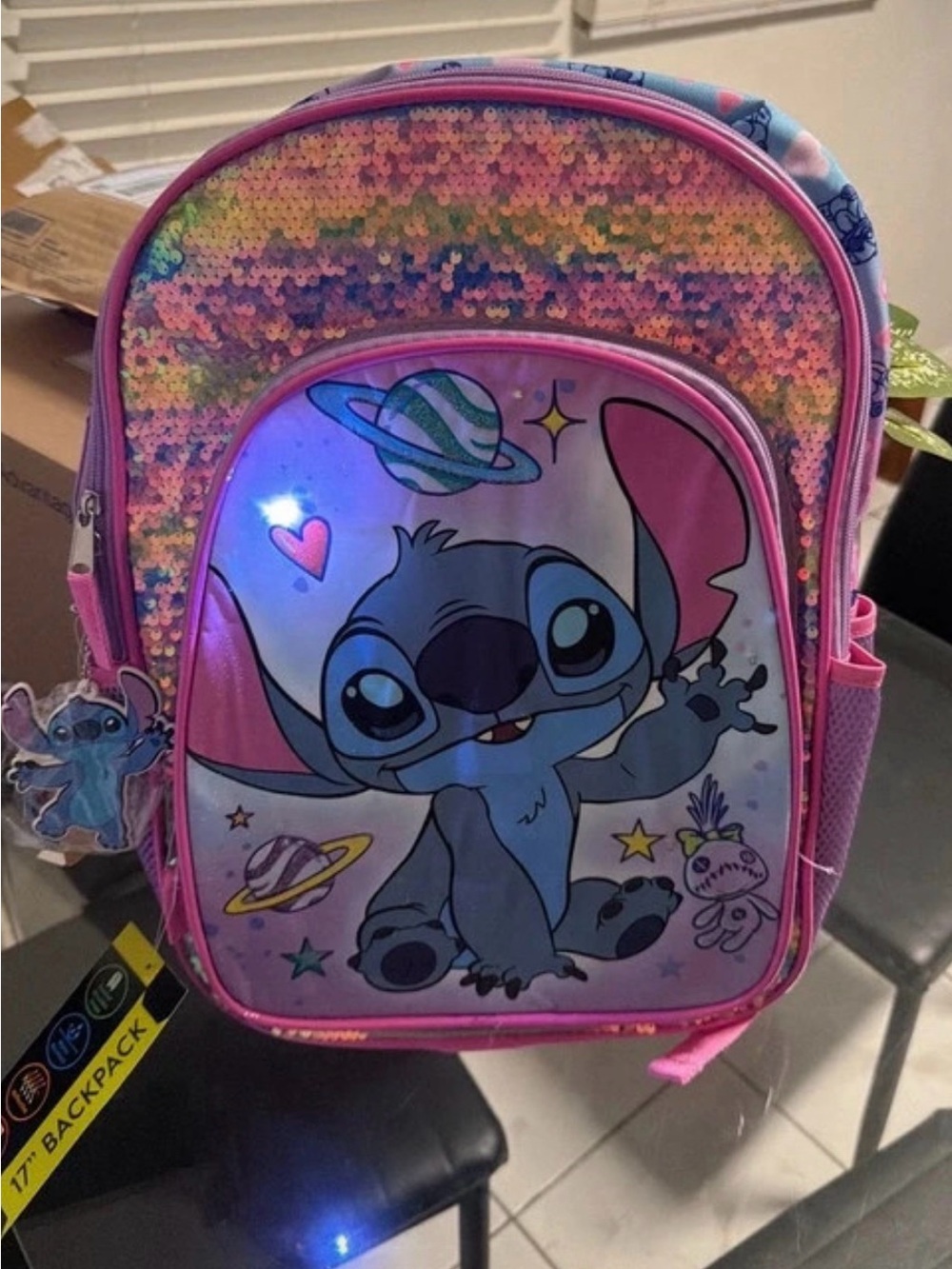 Pink Sequin Kids Backpack with Blue Stitch Character
